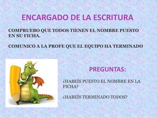 ENCARGADO DE LA ESCRITURA 
COMPRUEBO QUE TODOS TIENEN EL NOMBRE PUESTO 
EN SU FICHA. 
COMUNICO A LA PROFE QUE EL EQUIPO HA TERMINADO 
PREGUNTAS: 
¿HABEÍS PUESTO EL NOMBRE EN LA 
FICHA? 
¿HABEÍS TERMINADO TODOS? 
 