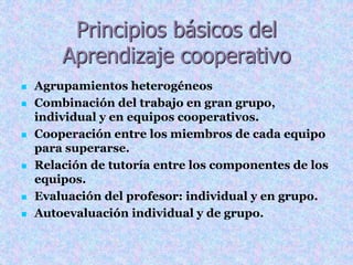 Principios básicos del 
Aprendizaje cooperativo 
 Agrupamientos heterogéneos 
 Combinación del trabajo en gran grupo, 
individual y en equipos cooperativos. 
 Cooperación entre los miembros de cada equipo 
para superarse. 
 Relación de tutoría entre los componentes de los 
equipos. 
 Evaluación del profesor: individual y en grupo. 
 Autoevaluación individual y de grupo. 
 
