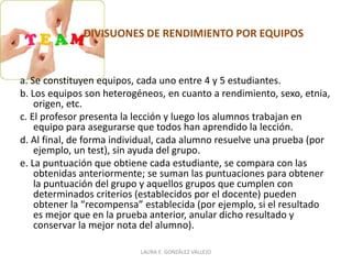 DIVISUONES DE RENDIMIENTO POR EQUIPOS 
a. Se constituyen equipos, cada uno entre 4 y 5 estudiantes. 
b. Los equipos son heterogéneos, en cuanto a rendimiento, sexo, etnia, 
origen, etc. 
c. El profesor presenta la lección y luego los alumnos trabajan en 
equipo para asegurarse que todos han aprendido la lección. 
d. Al final, de forma individual, cada alumno resuelve una prueba (por 
ejemplo, un test), sin ayuda del grupo. 
e. La puntuación que obtiene cada estudiante, se compara con las 
obtenidas anteriormente; se suman las puntuaciones para obtener 
la puntuación del grupo y aquellos grupos que cumplen con 
determinados criterios (establecidos por el docente) pueden 
obtener la “recompensa” establecida (por ejemplo, si el resultado 
es mejor que en la prueba anterior, anular dicho resultado y 
conservar la mejor nota del alumno). 
LAURA E. GONZÁLEZ VALLEJO 
 