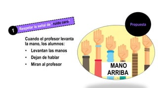Propuesta
MANO
ARRIBA
Cuando el profesor levanta
la mano, los alumnos:
• Levantan las manos
• Dejan de hablar
• Miran al profesor
 