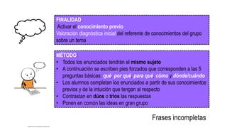FINALIDAD:
Activar el conocimiento previo
Valoración diagnóstica inicial del referente de conocimientos del grupo
sobre un tema
MÉTODO:
• Todos los enunciados tendrán el mismo sujeto
• A continuación se escriben pies forzados que corresponden a las 5
preguntas básicas: qué, por qué, para qué, cómo y dónde/cuándo
• Los alumnos completan los enunciados a partir de sus conocimientos
previos y de la intuición que tengan al respecto
• Contrastan en dúos o tríos las respuestas
• Ponen en común las ideas en gran grupo
Frases incompletas
http://centro-cum.es/escribir-en-ingles-facil/
 