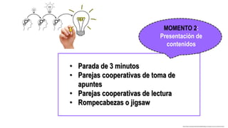 • Parada de 3 minutos
• Parejas cooperativas de toma de
apuntes
• Parejas cooperativas de lectura
• Rompecabezas o jigsaw
MOMENTO 2:
Presentación de
contenidos
http://www.randstad.es/tendencias360/trabajo-en-equipo-la-union-conlleva-al-exito
 