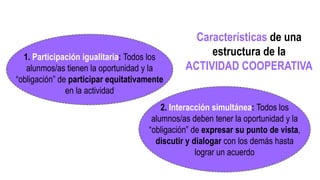 1. Participación igualitaria: Todos los
alunmos/as tienen la oportunidad y la
“obligación” de participar equitativamente
en la actividad
2. Interacción simultánea: Todos los
alumnos/as deben tener la oportunidad y la
“obligación” de expresar su punto de vista,
discutir y dialogar con los demás hasta
lograr un acuerdo
Características de una
estructura de la
ACTIVIDAD COOPERATIVA
 