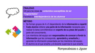 FINALIDAD:
Útil para las áreas de contenidos susceptibles de ser
“fragmentados”
Favorece la interdependencia de los alumnos.
MÉTODO :
• Se forman grupos de 4 o 5 dependiendo de la información a repartir
• Cada alumno obtiene una parte de la información necesaria para
realizar la tarea convirtiéndose en experto de su pieza del puzzle o
parte del conocimiento.
• Los miembros del equipo son responsables de conocer a fondo la
información que les corresponde, aprenderla y enseñarla y
aprender la información presentada por los miembros del equipo.
• El alumno es el que enseña y el docente supervisa lo que enseña
Rompecabezas o Jigsaw
 