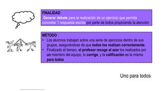 FINALIDAD:
Generar debate para la realización de un ejercicio que permita
concretar 1 respuesta escrita por parte de todos propiciando la atención
MÉTODO :
• Los alumnos trabajan sobre una serie de ejercicios dentro de sus
grupos, asegurándose de que todos los realizan correctamente.
• Finalizado el tiempo, el profesor recoge al azar los realizados por
un miembro del equipo, lo corrige, y la calificación es la misma
para todos
Uno para todos
http://theexistentialchristianweekly.com/2013/01/07/todos-para-uno-y-uno-para-todos/
 