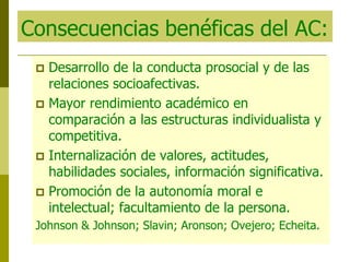 Consecuencias benéficas del AC:
 Desarrollo de la conducta prosocial y de las
relaciones socioafectivas.
 Mayor rendimiento académico en
comparación a las estructuras individualista y
competitiva.
 Internalización de valores, actitudes,
habilidades sociales, información significativa.
 Promoción de la autonomía moral e
intelectual; facultamiento de la persona.
Johnson & Johnson; Slavin; Aronson; Ovejero; Echeita.
 