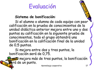 Evaluación Sistema de bonificación :  Si el alumno o alumna de cada equipo con peor calificación en la prueba de conocimientos de la unidad didáctica anterior mejora entre uno y dos puntos su calificación en la siguiente prueba de conocimientos, todo el grupo obtendrá una bonificación en la calificación final de la unidad de 0,5 puntos. Si mejora entre dos y tres puntos, la bonificación será de 0,75. Si mejora más de tres puntos, la bonificación será de un punto.  