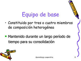 Equipo de base Constituido por tres o cuatro miembros de composición heterogénea Mantenido durante un largo período de tiempo para su consolidación 