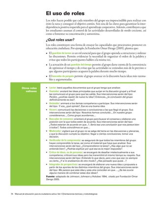 El uso de roles
                                      Los roles hacen posible que cada miembro del grupo sea imprescindible para realizar con
                                      éxito la tarea y conseguir el objetivo común. Son una de las claves para garantizar la inter-
                                      dependencia positiva requerida para el aprendizaje cooperativo. Además, contribuyen a que
                                      los estudiantes asuman el control de las actividades desarrolladas de modo creciente, así
                                      como a fomentar su concentración y autoestima.

                                      ¿Qué roles usar?
                                      Los roles constituyen una forma de ensayar las capacidades que procuramos promover en
                                      educación ciudadana. Por ejemplo, la Fundación Omar Dengo (2005), plantea que:
                                      • El guardián de turnos es un rol esencial para que el grupo aprenda a estructurar y ordenar
                                        las discusiones. Permite evidenciar la necesidad de organizar el orden de la palabra y
                                        evitar que todos los participantes hablen a la misma vez.
                                      • La actuación de un guardián del tiempo permite al grupo darse cuenta de la conveniencia
                                        de optimizar el tiempo y de evitar que las actividades se extiendan más de lo previsto o
                                        que algunos participantes acaparen la palabra durante mucho tiempo.
                                      • El buscador de porqués permite al grupo avanzar en la discusión hacia ideas más razona-
                                        bles y argumentadas.

           Otros roles                • Lector: leerá aquellos documentos que el grupo tenga que analizar.
              valiosos                • Anotador: anotará las ideas principales que surjan en la discusión grupal y al final
                                        las comunicará al grupo para que las valide. Sus intervenciones serán del tipo:
                                        Perdón, ¿podrías repetir de nuevo tu idea?, Entonces, ¿la conclusión del grupo
                                        definitivamente es esa?.
                                      • Animador: animará a los demás compañeros a participar. Sus intervenciones serán
                                        del tipo: Y vos, ¿qué opinás?, Esa es una buena idea.
                                      • Vocero: comunicará las decisiones o conclusiones a las que llegó el grupo. Sus
                                        intervenciones serán del tipo: Nosotros hemos concluido..., En nuestro grupo
                                        consideramos..., Como grupo acordamos....
                                      • Buscador de consenso: orientará al grupo para buscar el consenso y elaborar una
                                        posición con la que todos estén de acuerdo. Sus intervenciones serán del tipo:
                                        ¿Todos estarían de acuerdo en que...?, Sería esa una conclusión que nos parece bien
                                        a todos?, Todos coincidimos en que....
                                      • Moderador: vigilará que el grupo no se salga del tema en las discusiones y plenarias,
                                        y que la discusión cumpla su objetivo: llegar a ciertas conclusiones, tomar una
                                        decisión.
                                      • Verificador de la comprensión: se asegurará de que todos los miembros del grupo
                                        hayan comprendido la tarea, así como el material que haya que analizar. Sus
                                        intervenciones serán del tipo: ¿Comprendieron la tarea?, ¿Hay algo que no se
                                        entienda bien?, ¿Podrías explicar por qué esa es la mejor respuesta?.
                                      • Crítico de ideas, no de personas: se encargará de desafiar intelectualmente a sus
                                        compañeros; criticará sus ideas pero les transmitirá al mismo tiempo su respeto. Sus
                                        intervenciones serán del tipo: Entiendo lo que decís, pero creo que eso no siempre
                                        es cierto, ¿Y si lo analizamos de otro modo?, ¿Has pensado que quizá…?.
                                      • Integrador de perspectivas: se encargará de elaborar una nueva idea o propuesta a
                                        partir de los aportes de los distintos miembros del grupo. Sus intervenciones serán
                                        del tipo: Me parece que esta idea y esta otra coinciden en que…, ¿Se les ocurre
                                        alguna manera de combinar estas dos ideas?.
                                      Fuente: adaptado de Johnson; Johnson y Holubec 1994, citado por Fundación Omar
                                      Dengo 2005.




74 Manual de educación para la ciudadanía activa Vol. I Orientaciones teóricas y metodológicas
 