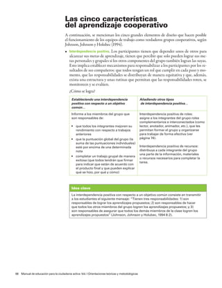 Las cinco características
                                      del aprendizaje cooperativo
                                      A continuación, se mencionan los cinco grandes elementos de diseño que hacen posible
                                      el funcionamiento de los equipos de trabajo como verdaderos grupos cooperativos, según
                                      Johnson, Johnson y Holubec (1994).
                                      • Interdependencia positiva. Los participantes tienen que depender unos de otros para
                                        alcanzar sus metas de aprendizaje, tienen que percibir que solo pueden lograr sus me-
                                        tas personales y grupales si los otros componentes del grupo también logran las suyas.
                                        Esto implica establecer mecanismos para responsabilizar a los participantes por los re-
                                        sultados de sus compañeros: que todos tengan un rol que cumplir en cada paso y mo-
                                        mento, que las responsabilidades se distribuyan de manera equitativa y que, además,
                                        exista una estructura y unas rutinas que permitan que las responsabilidades roten, se
                                        monitoreen y se evalúen.
                                         ¿Cómo se logra?
                                           Estableciendo una interdependencia                    Añadiendo otros tipos
                                           positiva con respecto a un objetivo                   de interdependencia positiva…
                                           común…

                                           Informe a los miembros del grupo que                  Interdependencia positiva de roles:
                                           son responsables de:                                  asigne a los integrantes del grupo roles
                                                                                                 complementarios e interconectados (como
                                           • que todos los integrantes mejoren su                lector, anotador, animador, etc.), que les
                                             rendimiento con respecto a trabajos                 permitan formar el grupo y organizarse
                                             anteriores                                          para trabajar de forma efectiva (ver
                                           • que la puntuación global del grupo (la              página 74).
                                             suma de las puntuaciones individuales)
                                             esté por encima de una determinada                  Interdependencia positiva de recursos:
                                             nota                                                distribuya a cada integrante del grupo
                                                                                                 una parte de la información, materiales
                                           • completar un trabajo grupal de manera
                                                                                                 o recursos necesarios para completar la
                                             exitosa (que todos tendrán que firmar
                                                                                                 tarea.
                                             para indicar que están de acuerdo con
                                             el producto final y que pueden explicar
                                             qué se hizo, por qué y cómo)



                                           Idea clave
                                           La interdependencia positiva con respecto a un objetivo común consiste en transmitir
                                           a los estudiantes el siguiente mensaje: “Tienen tres responsabilidades: 1) son
                                           responsables de lograr los aprendizajes propuestos; 2) son responsables de hacer
                                           que todos los otros miembros del grupo logren los aprendizajes propuestos; y 3)
                                           son responsables de asegurar que todos los demás miembros de la clase logren los
                                           aprendizajes propuestos” (Johnson, Johnson y Holubec, 1994 8:2).




68 Manual de educación para la ciudadanía activa Vol. I Orientaciones teóricas y metodológicas
 