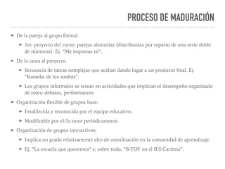 PROCESO DE MADURACIÓN
➤ De la pareja al grupo formal.
➤ 1er. proyecto del curso: parejas aleatorias (distribuidas por reparto de una serie doble
de números). Ej. “Me importas tú”.
➤ De la tarea al proyecto.
➤ Secuencia de tareas complejas que acaban dando lugar a un producto ﬁnal. Ej.
“Karaoke de los sueños”.
➤ Los grupos informales se testan en actividades que implican el desempeño organizado
de roles: debates, performances.
➤ Organización ﬂexible de grupos base:
➤ Establecida y reconocida por el equipo educativo.
➤ Modiﬁcable por el/la tutor periódicamente.
➤ Organización de grupos interactivos:
➤ Implica un grado relativamente alto de coordinación en la comunidad de aprendizaje.
➤ Ej. “La escuela que queremos” y, sobre todo, “B-TOY en el IES Cartima”.
 