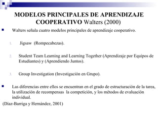 MODELOS PRINCIPALES DE APRENDIZAJE
              COOPERATIVO Walters (2000)
     Walters señala cuatro modelos principales de aprendizaje cooperativo.

    1.    Jigsaw (Rompecabezas).

    2.    Student Team Learning and Learning Together (Aprendizaje por Equipos de
          Estudiantes) y (Aprendiendo Juntos).

    3.    Group Investigation (Investigación en Grupo).

    Las diferencias entre ellos se encuentran en el grado de estructuración de la tarea,
     la utilización de recompensas la competición, y los métodos de evaluación
     individual.
(Díaz-Barriga y Hernández, 2001)
 