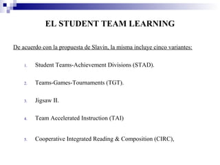 EL STUDENT TEAM LEARNING

De acuerdo con la propuesta de Slavin, la misma incluye cinco variantes:

    1.   Student Teams-Achievement Divisions (STAD).

    2.   Teams-Games-Tournaments (TGT).

    3.   Jigsaw II.

    4.   Team Accelerated Instruction (TAI)


    5.   Cooperative Integrated Reading & Composition (CIRC),
 
