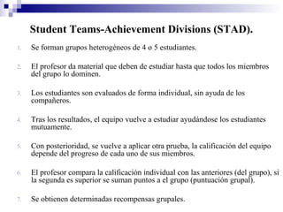 Student Teams-Achievement Divisions (STAD).
1.   Se forman grupos heterogéneos de 4 o 5 estudiantes.

2.   El profesor da material que deben de estudiar hasta que todos los miembros
     del grupo lo dominen.

3.   Los estudiantes son evaluados de forma individual, sin ayuda de los
     compañeros.

4.   Tras los resultados, el equipo vuelve a estudiar ayudándose los estudiantes
     mutuamente.

5.   Con posterioridad, se vuelve a aplicar otra prueba, la calificación del equipo
     depende del progreso de cada uno de sus miembros.

6.   El profesor compara la calificación individual con las anteriores (del grupo), si
     la segunda es superior se suman puntos a el grupo (puntuación grupal).

7.   Se obtienen determinadas recompensas grupales.
 