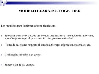 MODELO LEARNING TOGETHER


Los requisitos para implementarlo en el aula son:


1.   Selección de la actividad, de preferencia que involucre la solución de problemas,
     aprendizaje conceptual, pensamiento divergente o creatividad.

2.   Toma de decisiones respecto al tamaño del grupo, asignación, materiales, etc.


3.   Realización del trabajo en grupo.


4.   Supervisión de los grupos.
 
