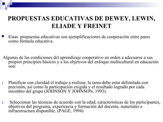 PROPUESTAS EDUCATIVAS DE DEWEY, LEWIN,
                ELIADE Y FREINET
    Estas propuestas educativas son ejemplificaciones de cooperación entre pares
     como fórmula educativa.


Algunas de las condiciones del aprendizaje cooperativo en orden a adecuarse a sus
  propios principios básicos y a los objetivos del enfoque multicultural en educación
  son:


1.   Planificar con claridad el trabajo a realizar, la tarea debe estar delimitada con
     precisión, así como la participación exigida y el resultado logrado por cada
     miembro del grupo (JOHNSON Y JOHNSON, 1993).

2.    Seleccionar las técnicas de acuerdo con la edad, características de los participantes,
     objetivos del programa, experiencia y formación del docente, materiales e
     infraestructura disponible. (PAGE, 1994)
 