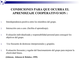 CONDICIONES PARA QUE OCURRA EL
           APRENDIZAJE COOPERATIVO SON :

1.   Interdependencia positiva entre los miembros del grupo.

2.   Interacción cara a cara. (facilita el aprendizaje).

3.   Evaluación individualizada y responsabilidad personal para conseguir los
     objetivos del grupo.

4.    Uso frecuente de destrezas interpersonales y grupales.

5.   Evaluación frecuente y regular del funcionamiento del grupo para mejorar la
     efectividad futura.
     (Johnson, Johnson & Holubec, 1999)
 