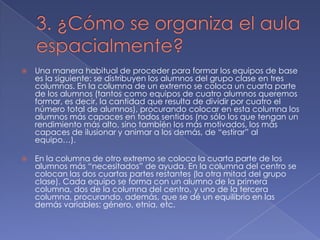 

Una manera habitual de proceder para formar los equipos de base
es la siguiente: se distribuyen los alumnos del grupo clase en tres
columnas. En la columna de un extremo se coloca un cuarta parte
de los alumnos (tantos como equipos de cuatro alumnos queremos
formar, es decir, la cantidad que resulta de dividir por cuatro el
número total de alumnos), procurando colocar en esta columna los
alumnos más capaces en todos sentidos (no sólo los que tengan un
rendimiento más alto, sino también los más motivados, los más
capaces de ilusionar y animar a los demás, de “estirar” al
equipo…).



En la columna de otro extremo se coloca la cuarta parte de los
alumnos más “necesitados” de ayuda. En la columna del centro se
colocan las dos cuartas partes restantes (la otra mitad del grupo
clase). Cada equipo se forma con un alumno de la primera
columna, dos de la columna del centro, y uno de la tercera
columna, procurando, además, que se dé un equilibrio en las
demás variables: género, etnia, etc.

 