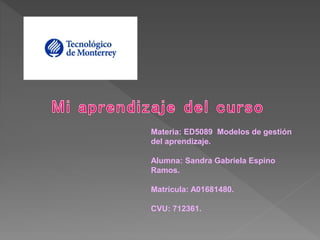 Materia: ED5089 Modelos de gestión
del aprendizaje.
Alumna: Sandra Gabriela Espino
Ramos.
Matrícula: A01681480.
CVU: 712361.
 
