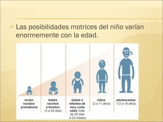 Las posibilidades motrices del niño varían enormemente con la edad. 