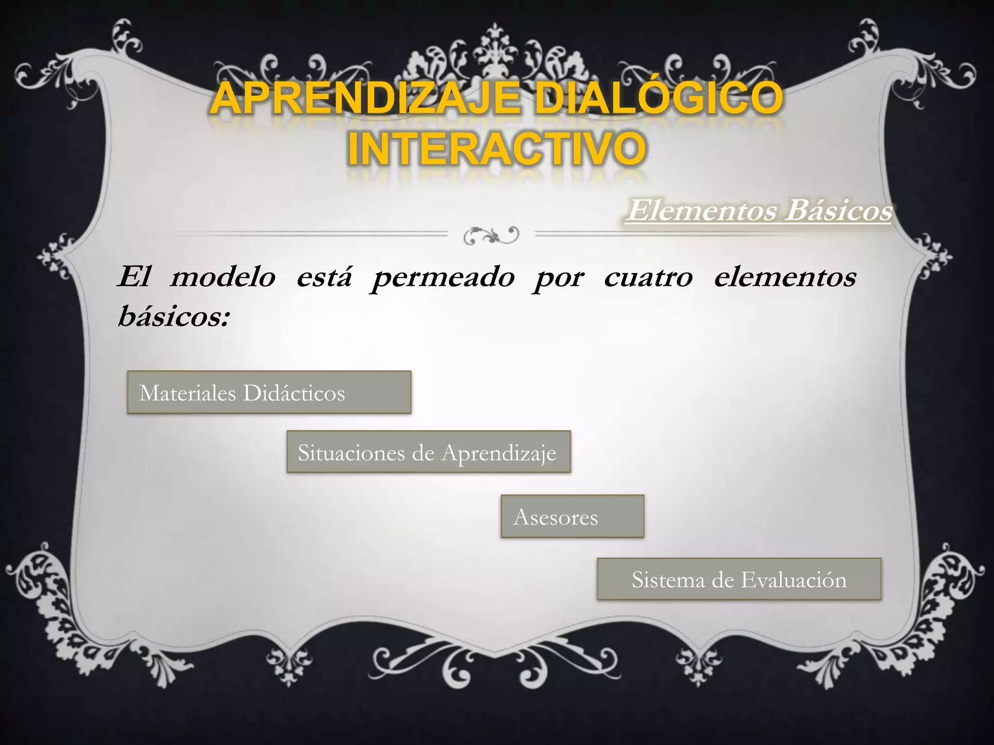 Aprendizaje Dialógico InteractivoElementos BásicosEl modelo está permeado por cuatro elementos básicos:Materiales DidácticosSituaciones de AprendizajeAsesoresSistema de Evaluación
