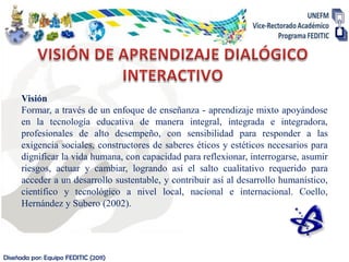 Visión
      Formar, a través de un enfoque de enseñanza - aprendizaje mixto apoyándose
      en la tecnología educativa de manera integral, integrada e integradora,
      profesionales de alto desempeño, con sensibilidad para responder a las
      exigencia sociales, constructores de saberes éticos y estéticos necesarios para
      dignificar la vida humana, con capacidad para reflexionar, interrogarse, asumir
      riesgos, actuar y cambiar, logrando así el salto cualitativo requerido para
      acceder a un desarrollo sustentable, y contribuir así al desarrollo humanístico,
      científico y tecnológico a nivel local, nacional e internacional. Coello,
      Hernández y Subero (2002).




Diseñada por: Equipo FEDITIC (2011)
 