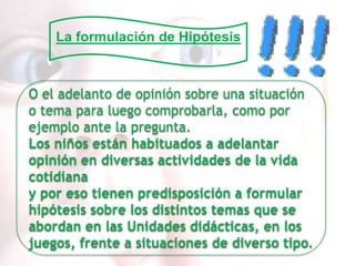 La formulación de Hipótesis



O el adelanto de opinión sobre una situación
o tema para luego comprobarla, como por
ejemplo ante la pregunta.
Los niños están habituados a adelantar
opinión en diversas actividades de la vida
cotidiana
y por eso tienen predisposición a formular
hipótesis sobre los distintos temas que se
abordan en las Unidades didácticas, en los
juegos, frente a situaciones de diverso tipo.
 