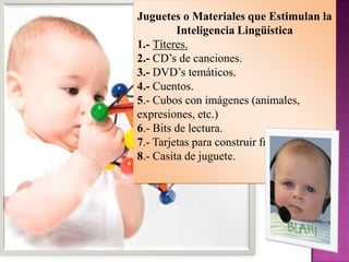 Juguetes o Materiales que Estimulan la
         Inteligencia Lingüística
1.- Títeres.
2.- CD’s de canciones.
3.- DVD’s temáticos.
4.- Cuentos.
5.- Cubos con imágenes (animales,
expresiones, etc.)
6.- Bits de lectura.
7.- Tarjetas para construir frases.
8.- Casita de juguete.
 