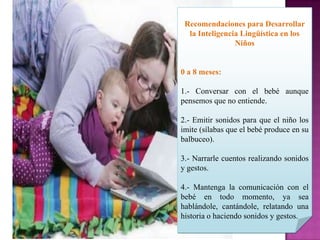 Recomendaciones para Desarrollar
  la Inteligencia Lingüística en los
                Niños


0 a 8 meses:

1.- Conversar con el bebé aunque
pensemos que no entiende.

2.- Emitir sonidos para que el niño los
imite (sílabas que el bebé produce en su
balbuceo).

3.- Narrarle cuentos realizando sonidos
y gestos.

4.- Mantenga la comunicación con el
bebé en todo momento, ya sea
hablándole, cantándole, relatando una
historia o haciendo sonidos y gestos.
 
