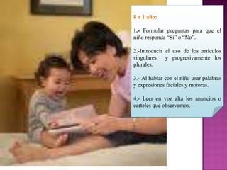 8 a 1 año:

1.- Formular preguntas para que el
niño responda “Sí” o “No”.

2.-Introducir el uso de los artículos
singulares    y progresivamente los
plurales.

3.- Al hablar con el niño usar palabras
y expresiones faciales y motoras.

4.- Leer en voz alta los anuncios o
carteles que observamos.
 