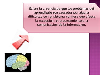 Existe la creencia de que los problemas del
     aprendizaje son causados por alguna
dificultad con el sistema nervioso que afecta
      la recepción, el procesamiento o la
        comunicación de la información.
 