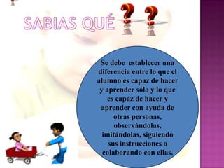 Se debe establecer una
diferencia entre lo que el
alumno es capaz de hacer
 y aprender sólo y lo que
    es capaz de hacer y
 aprender con ayuda de
      otras personas,
      observándolas,
  imitándolas, siguiendo
    sus instrucciones o
  colaborando con ellas.
 