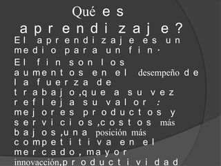 Qué e s
 a p r e n d i z a j e ?
El a p r e n d i z a j e e s u n
me d i o p a r a u n f i n .
El f i n s o n l o s
a u m e n t o s e n e l desempeño d e
l a f u e r z a d e
t r a b a j o ,q u e a s u v e z
r e f l e j a s u v a l o r :
me j o r e s p r o d u c t o s y
s e r v i c i o s ,c o s t o s más
b a j o s ,u n a posición más
c o mp e t i t i v a e n e l
me r c a d o , ma y o r
innovacción,p r o d u c t i v i d a d
 