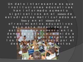 Un d a t o i n t e r e s a n t e e s q u e
   i n s t i t u c i o n e s e d u c a t i v a s
       h a n i n f o r ma d o a u me n t o
    s i g n i c a t i v o s e n e l número d e
e s t u d i a n t e s ma t r i c u l a d o s e n
             línea y e n e l número d e
   o f r e c i mi e n t o s e d u c a t i v o s
       b a j o e s t a mo d a l i d a d d e
   e s t u d i o . E s e a u me n t o e n l a
  d e ma n d a y o f e r t a v a u n i d o a
  u n a u me n t o c o n s i d e r a b l e e n
 l o s f o n d o s a s i g n a d o s p o r e l
     d e s a r r o l l o d e p r o y e c t o s
             v i r t u a l e s e n línea.
 