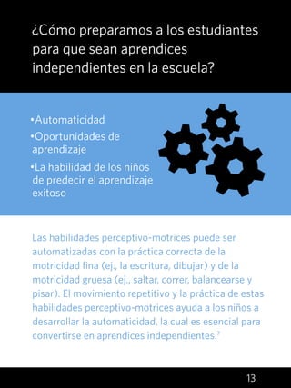 13
Las habilidades perceptivo-motrices puede ser
automatizadas con la práctica correcta de la
motricidad fina (ej., la escritura, dibujar) y de la
motricidad gruesa (ej., saltar, correr, balancearse y
pisar). El movimiento repetitivo y la práctica de estas
habilidades perceptivo-motrices ayuda a los niños a
desarrollar la automaticidad, la cual es esencial para
convertirse en aprendices independientes.7
¿Cómo preparamos a los estudiantes
para que sean aprendices
independientes en la escuela?
•Automaticidad
•Oportunidades de
aprendizaje
•La habilidad de los niños
de predecir el aprendizaje
exitoso
 