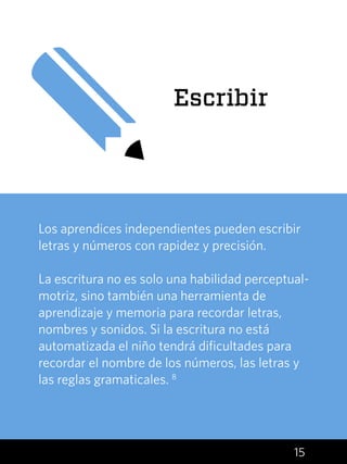 15
Escribir
Los aprendices independientes pueden escribir
letras y números con rapidez y precisión.
La escritura no es solo una habilidad perceptual-
motriz, sino también una herramienta de
aprendizaje y memoria para recordar letras,
nombres y sonidos. Si la escritura no está
automatizada el niño tendrá dificultades para
recordar el nombre de los números, las letras y
las reglas gramaticales. 8
 