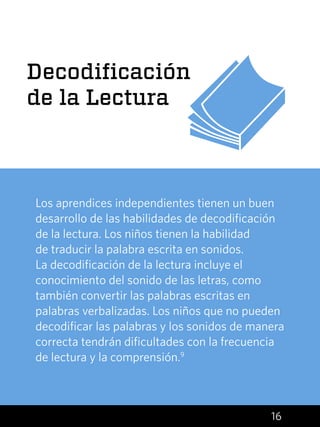 16
Decodificación
de la Lectura
Los aprendices independientes tienen un buen
desarrollo de las habilidades de decodificación
de la lectura. Los niños tienen la habilidad
de traducir la palabra escrita en sonidos.
La decodificación de la lectura incluye el
conocimiento del sonido de las letras, como
también convertir las palabras escritas en
palabras verbalizadas. Los niños que no pueden
decodificar las palabras y los sonidos de manera
correcta tendrán dificultades con la frecuencia
de lectura y la comprensión.9
 