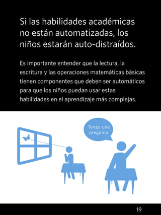 19
Si las habilidades académicas
no están automatizadas, los
niños estarán auto-distraídos.
Es importante entender que la lectura, la
escritura y las operaciones matemáticas básicas
tienen componentes que deben ser automáticos
para que los niños puedan usar estas
habilidades en el aprendizaje más complejas.
Tengo una
pregunta
 