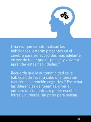 31
Una vez que se automatizan las
habilidades, estarán presentes en el
cerebro para ser accedidas más adelante,
en vez de tener que re-pensar y volver a
aprender estas habilidades.18
Recuerda que la automaticidad es la
habilidad de llevar a cabo una tarea sin
recurrir a la atención cognitiva.19
Escuchar
las diferencias de fonemas, o ver el
número de conjuntos, o poder escribir
letras y números, sin parar para pensar.
 
