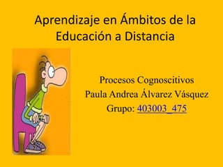 Aprendizaje en Ámbitos de la
Educación a Distancia
Procesos Cognoscitivos
Paula Andrea Álvarez Vásquez
Grupo: 403003_475
 