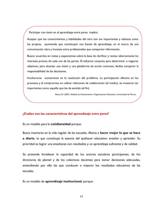 11
¿Cuáles son las características del aprendizaje entre pares?
Es un modelo para la cotidianeidad porque:
Busca insertarse en la vida regular de las escuelas. Abona a hacer mejor lo que se hace
a diario, lo que constituye la esencia del quehacer educativo: enseñar y aprender. Su
prioridad es lograr una enseñanza con resultados y un aprendizaje suficiente y de calidad.
Se pretende fortalecer la capacidad de los actores escolares participantes, de los
directores de plantel y de los colectivos docentes para tomar decisiones adecuadas,
entendiendo por ello las que conducen a mejorar los resultados educativos de las
escuelas.
Es un modelo de aprendizaje institucional, porque:
Participar con éxito en el aprendizaje entre pares implica:
Aceptar que los conocimientos y habilidades del otro son tan importantes y valiosos como
los propios, asumiendo que constituyen una fuente de aprendizaje, en el marco de una
comunicación clara y honesta entre profesionales que comparten información.
Buscar acuerdos en metas y expectativas sobre la base de clarificar y revisar abiertamente los
intereses previos de cada una de las partes. El esfuerzo conjunto para determinar o negociar
objetivos, para alcanzar una visión y una plataforma de acción comunes, facilita compartir la
responsabilidad de las decisiones.
Involucrarse activamente en la resolución del problema. La participación efectiva en los
procesos y el compromiso en cultivar relaciones de colaboración (el medio), se muestran tan
importantes como aquello que les da sentido (el fin).
Nieto J.M. (2001) Modelos de Asesoramiento a Organizaciones Educativas. Universidad de Murcia.
 