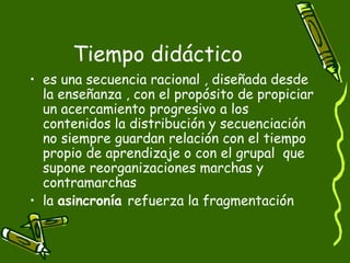 Tiempo didáctico es una secuencia racional , diseñada desde la enseñanza , con el propósito de propiciar un acercamiento progresivo a los contenidos la distribución y secuenciación no siempre guardan relación con el tiempo propio de aprendizaje o con el grupal  que supone reorganizaciones marchas y contramarchas  la  asincronía  refuerza la fragmentación  