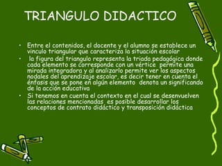 TRIANGULO DIDACTICO Entre el contenidos, el docente y el alumno se establece un vinculo triangular que caracteriza la situación escolar la figura del triangulo representa la triada pedagógica donde cada elemento se corresponde con un vértice  permite una mirada integradora y al analizarlo permite ver los aspectos nodales del aprendizaje escolar, es decir tener en cuenta el énfasis que se pone en algún elemento  denota un significando de la acción educativa Si tenemos en cuenta el contexto en el cual se desenvuelven las relaciones mencionadas  es posible desarrollar los conceptos de contrato didáctico y transposición didáctica  