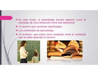  De este modo, el aprendizaje escolar aparece como el
resultado de una interacción entre tres elementos:
 El alumno que construye significados.
 Los contenidos de aprendizaje.
 El profesor, que actúa como mediador entre el contenido
que se debe aprender el alumno.
 
