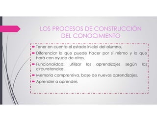 LOS PROCESOS DE CONSTRUCCIÓN
DEL CONOCIMIENTO
 Tener en cuenta el estado inicial del alumno.
 Diferenciar lo que puede hacer por sí mismo y lo que
hará con ayuda de otros.
 Funcionalidad: utilizar los aprendizajes según las
circunstancias.
 Memoria comprensiva, base de nuevos aprendizajes.
 Aprender a aprender.
 
