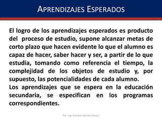APRENDIZAJES ESPERADOS
El logro de los aprendizajes esperados es producto
del proceso de estudio, supone alcanzar metas de
corto plazo que hacen evidente lo que el alumno es
capaz de hacer, saber hacer y ser, a partir de lo que
estudia, tomando como referencia el tiempo, la
complejidad de los objetos de estudio y, por
supuesto, las potencialidades de cada alumno.
Los aprendizajes que se espera en la educación
secundaria, se especifican en los programas
correspondientes.
Por: Ing. Eréndira Sánchez Blanco

 