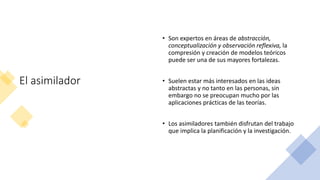 El asimilador
• Son expertos en áreas de abstracción,
conceptualización y observación reflexiva, la
compresión y creación de modelos teóricos
puede ser una de sus mayores fortalezas.
• Suelen estar más interesados en las ideas
abstractas y no tanto en las personas, sin
embargo no se preocupan mucho por las
aplicaciones prácticas de las teorías.
• Los asimiladores también disfrutan del trabajo
que implica la planificación y la investigación.
 