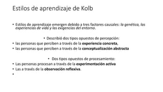 Estilos de aprendizaje de Kolb
• Estilos de aprendizaje emergen debido a tres factores causales: la genética, las
experiencias de vida y las exigencias del entorno.
• Describió dos tipos opuestos de percepción:
• las personas que perciben a través de la experiencia concreta,
• las personas que perciben a través de la conceptualización abstracta
• Dos tipos opuestos de procesamiento:
• Las personas procesan a través de la experimentación activa
• Las a través de la observación reflexiva.
•
 