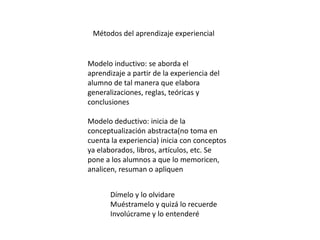 Métodos del aprendizaje experiencial
Modelo inductivo: se aborda el
aprendizaje a partir de la experiencia del
alumno de tal manera que elabora
generalizaciones, reglas, teóricas y
conclusiones
Modelo deductivo: inicia de la
conceptualización abstracta(no toma en
cuenta la experiencia) inicia con conceptos
ya elaborados, libros, artículos, etc. Se
pone a los alumnos a que lo memoricen,
analicen, resuman o apliquen
Dímelo y lo olvidare
Muéstramelo y quizá lo recuerde
Involúcrame y lo entenderé
 
