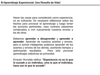El Aprendizaje Experiencial: Una filosofía de Vida!
Hacer las cosas para considerarlo como experiencia,
no es suficiente. Es necesario reflexionar sobre los
hechos para provocar el aprendizaje y luego tomar
las acciones pertinentes, caso contrario estaremos
condenados a vivir nuevamente nuestros errores y
los de otros.
Debemos aprender a desaprender y aprender a
aprender. Aprender de nuestros aciertos y errores,
pero si somos inteligentes podemos aprender de los
aciertos y errores de los demás, acortando tiempos y
optimizando resultados. Para esto provocar
aprendizajes colectivos es primordial.
Ernesto Yturralde ratifica: "Experiencia no es lo que
le sucede a un individuo, sino lo que el individuo,
hace con lo que le sucede"
 